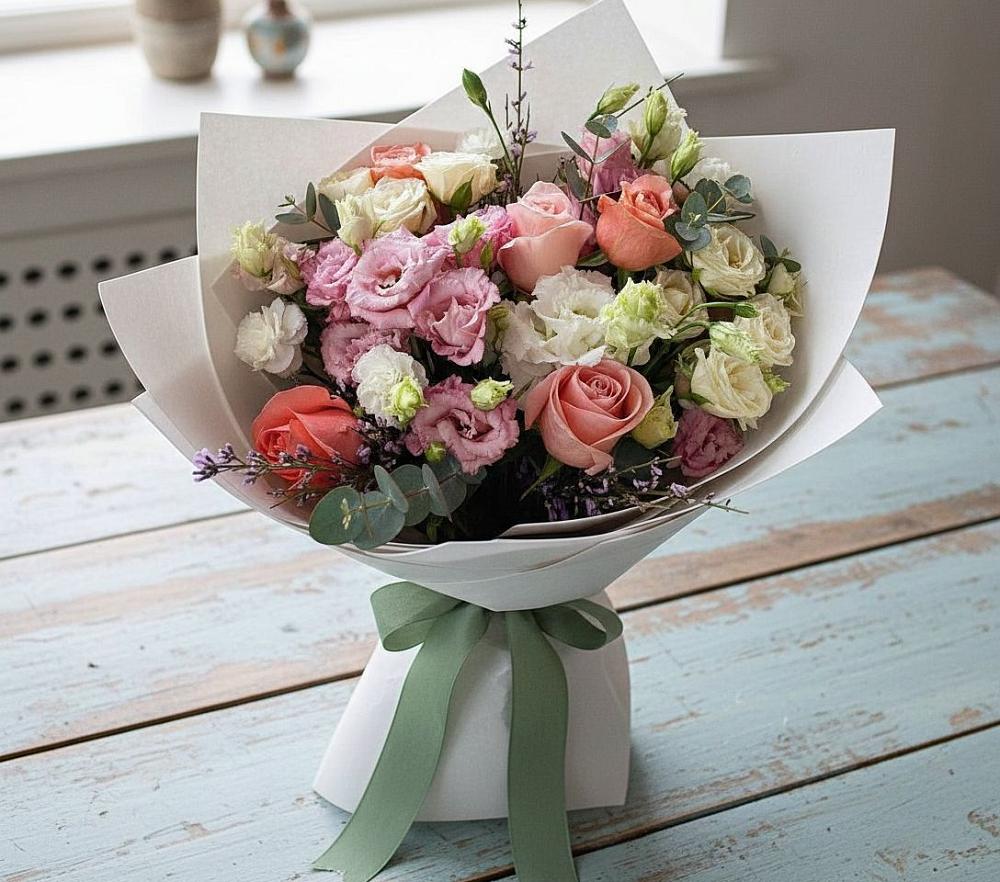 Букет цветов из: Розы, Лизиантусы и Гвоздики в Ковалево