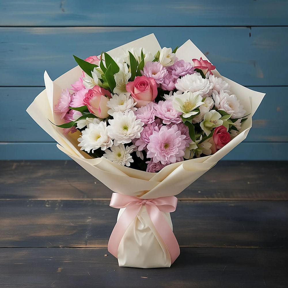 Букет цветов из: Хризантемы, Альстромерии и Розы в Ковалево